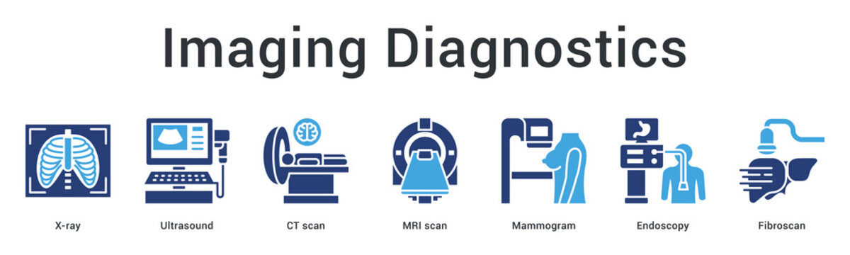 Imaging diagnostics banner web icon utilizes advanced scanning technologies for internal body visualization and detection.
