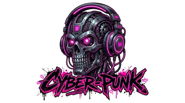 A futuristic metallic skull with glowing pink eyes and headphones, featuring the stylized word "CYBERPUNK" in graffiti font below.