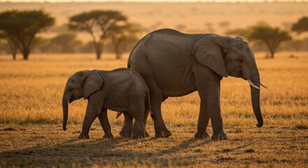 Fototapeta premium Two elephants traverse savanna landscape at sunset. Warm golden hues enhance the scene