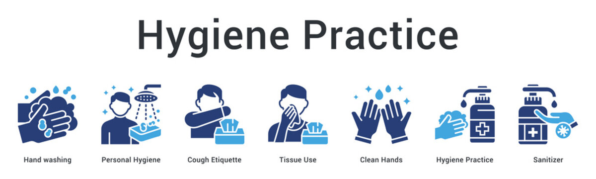 Hygiene practice banner web icon emphasizes proper handwashing and cough etiquette for disease prevention routines.