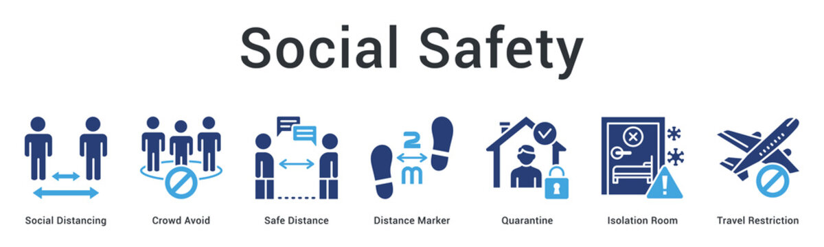 Social safety banner web icon implements distancing measures, quarantine protocols and travel restrictions for community protection.