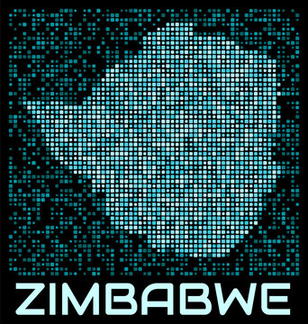 Zimbabwe digital dotted map. Shape of the country in cyan color palette on dark background. Futuristic Zimbabwe map design. Vector illustration.