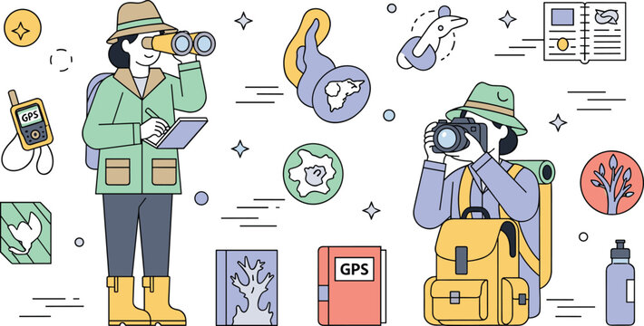 Traveler and scientist characters exploring nature with binoculars camera gps device and backpack for hiking adventure and research vector