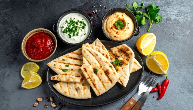 Grilled pita bread with dips