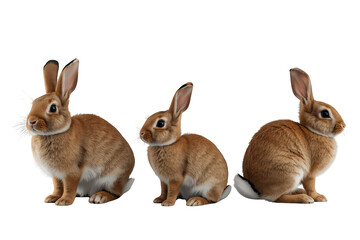 Fototapeta premium Three brown rabbits sitting together looking around transparent background for spring, easter, pet, or wildlife concepts