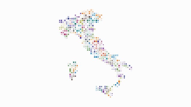 Italy map animation. Shape of the country with pulsating colored dots. Small size square blocks. Digital style Italy map on white background. Stylish video.