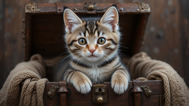 scottish fold tabby kitten inside decorative dower chest on a rustic background