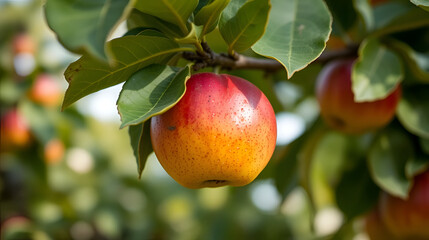 Obraz premium Close up view of ripe quince on the tree, agricultural harvest concept