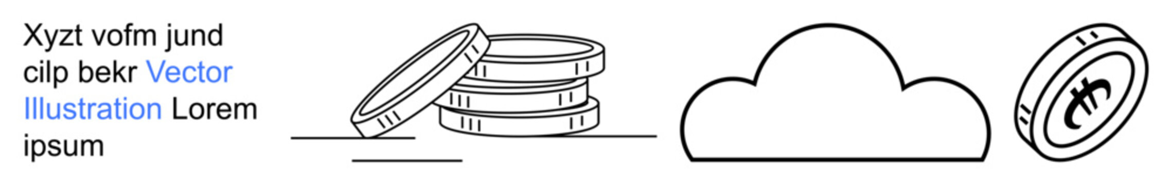 Digital currency, blockchain technology, cloud computing, fintech, cryptocurrency storage, online payment systems. Stack of coins, cloud shape Bitcoin symbol. Cryptocurrency and cloud computing