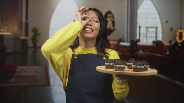 Woman in yellow sweater and apron holding wooden tray of chocolate muffins, making ok sign with hand over eye inside a church building; playful.