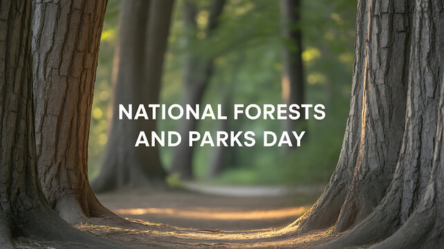 National Forests and Parks Day celebration with a forest pathway framed by tree trunks