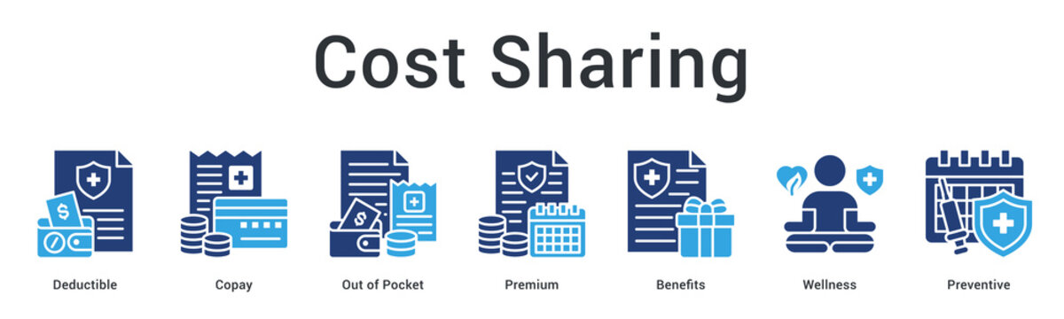 Cost sharing banner web icon explains deductible, copay structures and wellness benefits for preventive healthcare savings.