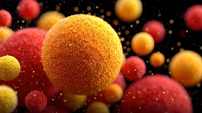 Macro view of vibrant orange and red spherical particles suspended in a dark liquid with small gold bubbles surrounding them everywhere.