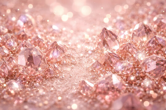 Abstract background of rose gold and pink crystals, sparkling jewels and bokeh