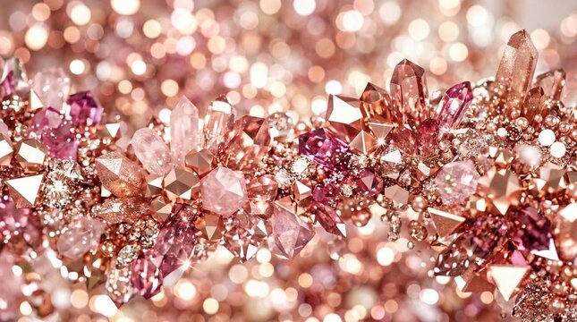 Abstract background of rose gold and pink crystals, sparkling jewels and bokeh