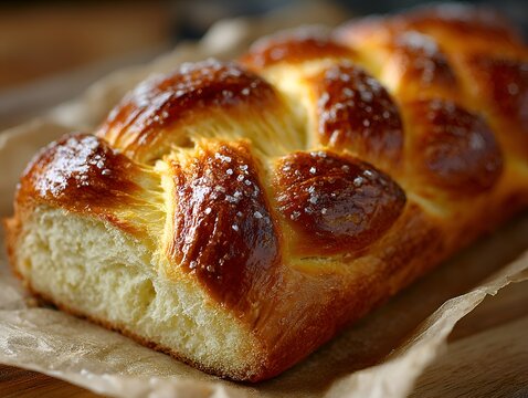 A freshly baked and braided challah bread glistens with a golden-brown crust, sprinkled generously with coarse salt on parchment paper.