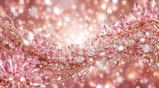 Abstract background of rose gold and pink crystals, sparkling jewels and bokeh