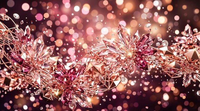 Abstract background of rose gold and pink crystals, sparkling jewels and bokeh