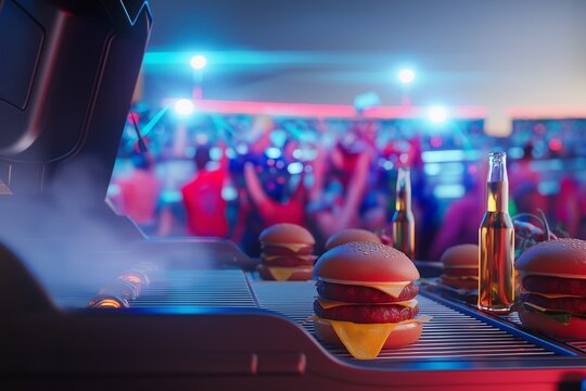 Parrillada de Hamburguesas y cerveza de noche dentro de un estadio luminoso con hichas festejando en el Mundial 2026