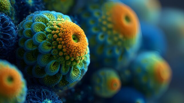 A mesmerizing macro photograph showcases intricate details of colorful organic floral forms with vibrant textures and captivating depth of field.