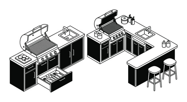 Outdoor kitchen vector illustration with barbecue grill and island bar stools