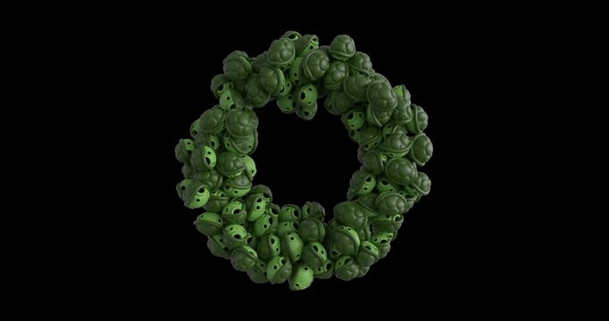 3D turtle shell ring animation with multiple stylized shells forming a rotating circular loop. Ideal for nature themed visuals, playful motion graphics, and creative transitions. 4K UHD with alpha cha