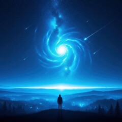 Fototapeta premium A lone figure gazes at the cosmic swirl of a mesmerizing spiral galaxy under a starry sky