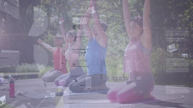 Four kneeling yoga team on guided cue opening chest lifting arms HUD charts overlay for focus