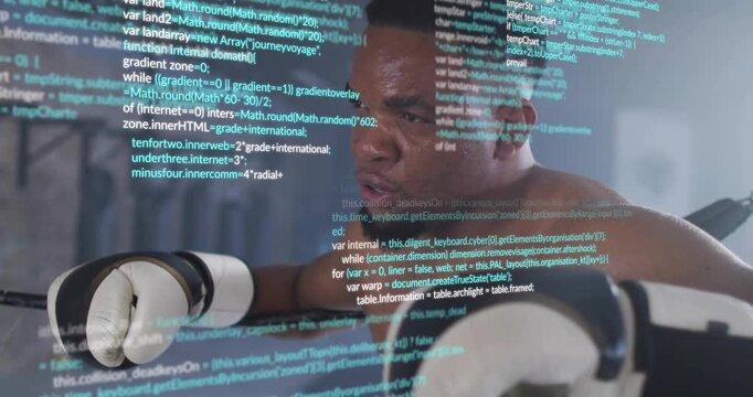 Boxer resting on top rope breathing adjusting grip, code overlay scrolling analyzing sports metrics