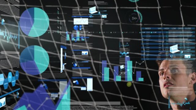 Goalkeeper tracking shot, HUD charts expanding while bending, punching ball to intercept for sports