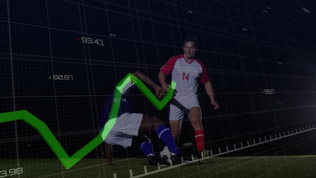 Soccer No14 dribbling wing, evading sliding blue tackle and keeping ball with green graph overlay