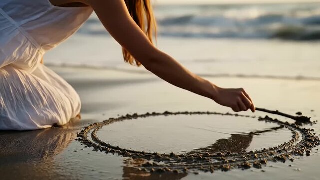 A young person peacefully sketches a thoughtful design in the wet beach sand under golden light, symbolizing self-expression for youth mental health on International Youth Day.