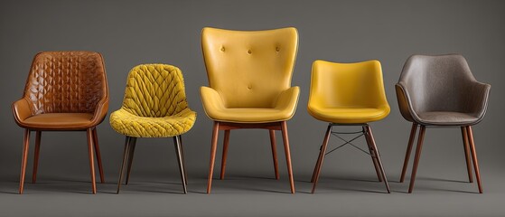Fototapeta premium A collection of five modern upholstered chairs with wooden legs on grey background