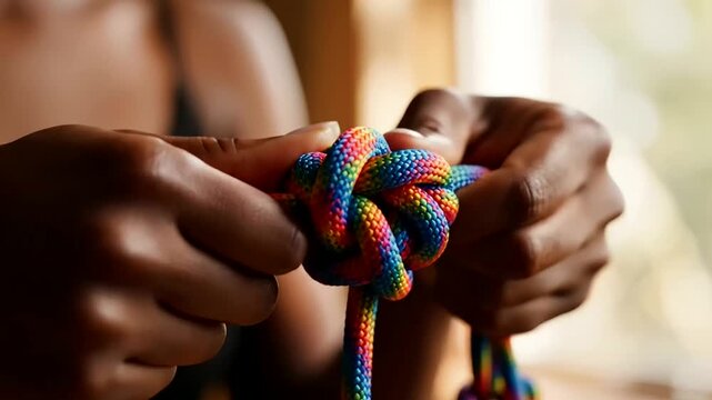 Meticulous hands carefully forming a vibrant rainbow knot a symbolic representation of building resilience and addressing Youth Mental Health on International Youth Day.