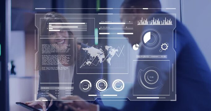 Woman tapping tablet launching IT HUD charts and map as peer leaning and analyzing metrics agreeing