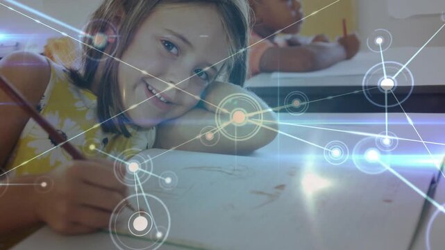 Girl tracing while HUD appearing and spreading nodes over sketchbook boosting education