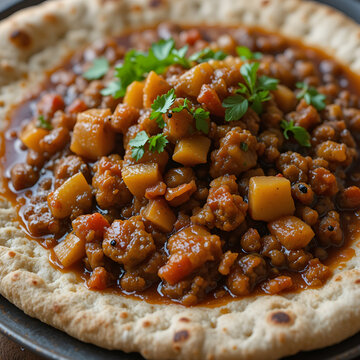 A closeup shot of a steaming rich and flavorful Ethiopian or Eritrean stew known as wat or wot generously served atop a traditional spongy injera bread highlighting the vibrant colors and inviting te.