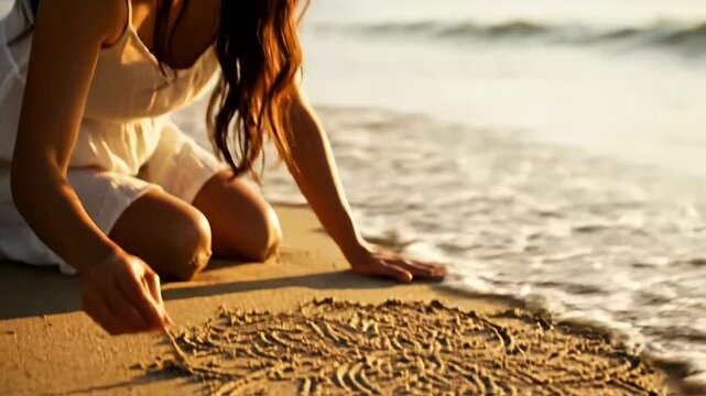 Serene young woman draws intricate sand mandala on beach during golden hour, a mindful art promoting youth mental health and celebrating International Youth Day.