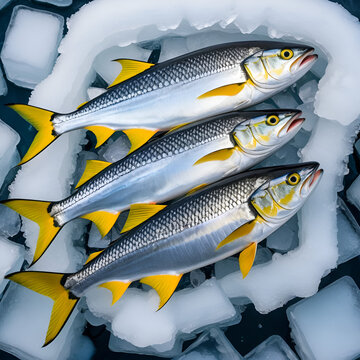 Freshly caught kingfish fish lies on a bed of ice, its shimmering silver scales and vibrant yellow fins glistening with dew, showcasing its majestic beauty.