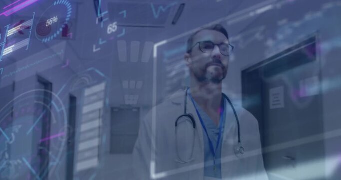 Doctor walking medical hall, HUD activating and highlighting stethoscope vitals, heading to patient