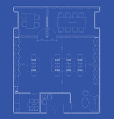 Naklejka premium Small Office Architectural Blueprint Interior Layout Design with Furniture Arrangement and Efficient Workspace Planning