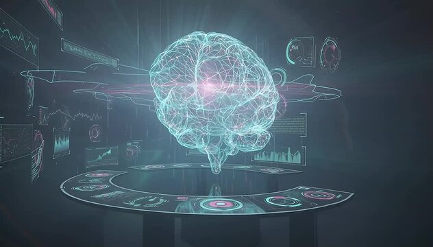 Large holographic AI brain projected above a futuristic control table with multiple floating interface elements, neural signals flowing continuously through the digital brain structure