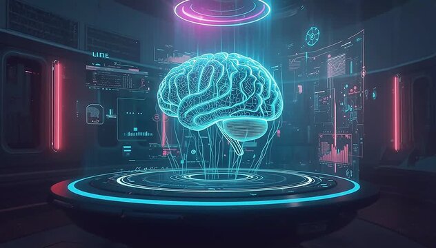 Large holographic AI brain projected above a futuristic control table with multiple floating interface elements, neural signals flowing continuously through the digital brain structure