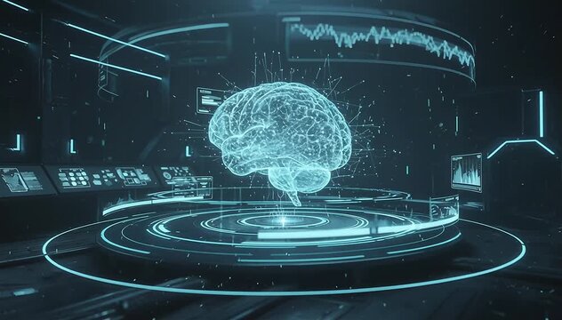 Futuristic control interface displaying a floating holographic artificial intelligence brain above a circular digital platform