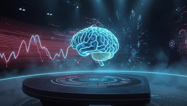 Large holographic AI brain projected above a futuristic control table with multiple floating interface elements, neural signals flowing continuously through the digital brain structure
