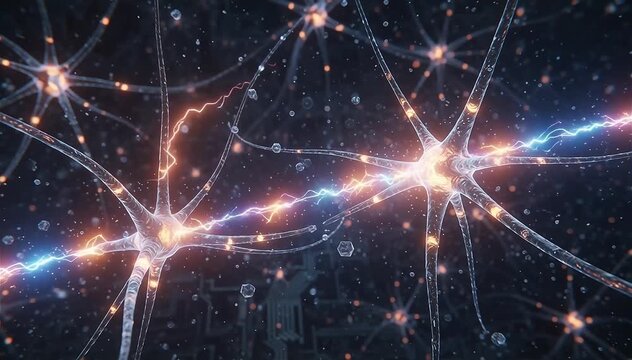 Ultra detailed macro environment showing artificial neuron circuits firing through microscopic synapses, glowing energy traveling through branching neural fibers and activating surrounding nodes