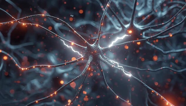 Ultra detailed macro environment showing artificial neuron circuits firing through microscopic synapses, glowing energy traveling through branching neural fibers and activating surrounding nodes