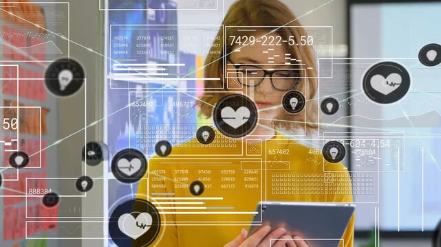 Tablet tap starting HUD overlay, icons growing and lines spanning as woman scrolling showing data