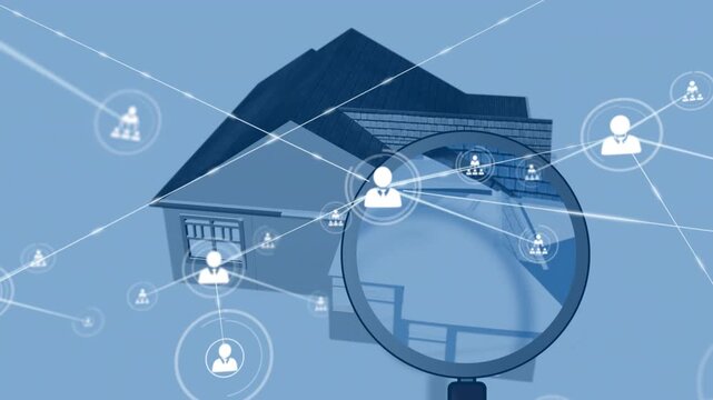 Roof node appearing, lens scanning 3D house, revealing interior and mapping user nodes on property