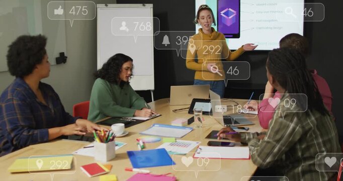 Presenter gesturing to screen in meeting, causing engagement icons overlaying devices for marketing
